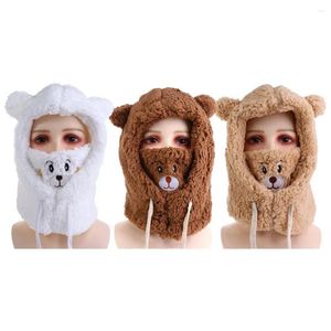 Baretten Winter Uniek met masker Beeroren Leuke pet Cartoon hoed Koreaanse lamsfleece bommenwerperhoeden Dames pluche