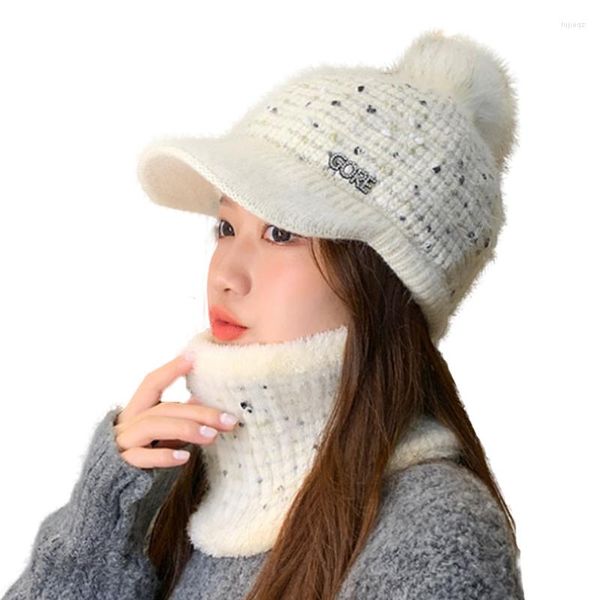 Bérets d'hiver visière chapeaux femmes couleur mixte tricot Bonnet Skullies chapeau femme épais velours cheveux boule chaud Bonnet casquettes bavoir ensemble