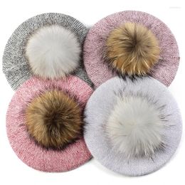 Bérets Chapeau de béret chaud d'hiver pour femmes couleur unie Slouchy Style français Bonnet casquettes filles dame femme adulte avec pompon de vraie fourrure