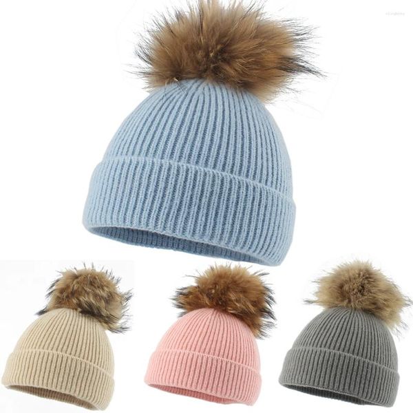 Bérets d'hiver chaud gros pompon laine tricoté bébé chapeau enfants infantile garçons filles mignon vraie fourrure Pom Bonnet couleur unie enfants bonnet casquette