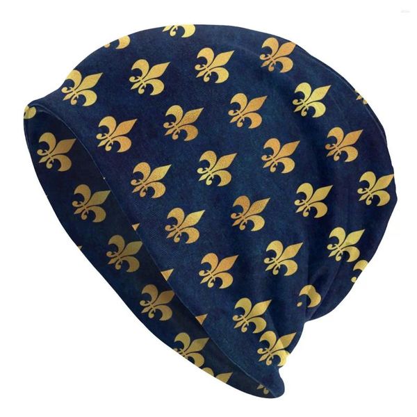 Boinas Invierno Cálido Mujeres Hombres Tejer Sombreros Unisex Royal Gold Blue Grunge Fleur De Lis Skullies Gorros Gorros Lily Flower Bonnet