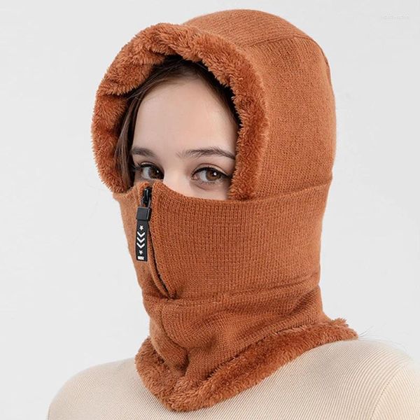 Bérets hiver femmes 3in1 chapeau de ski tricoté avec écharpe cou plus chaud polaire doublé capuche masque facial adulte cagoule pour les sports de plein air