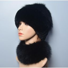 Berets Winter Vrouwen Luxe echte bont hoed sjaal sets dame natuurlijke rex hoeden gebreide pet sjaals 2 stuks