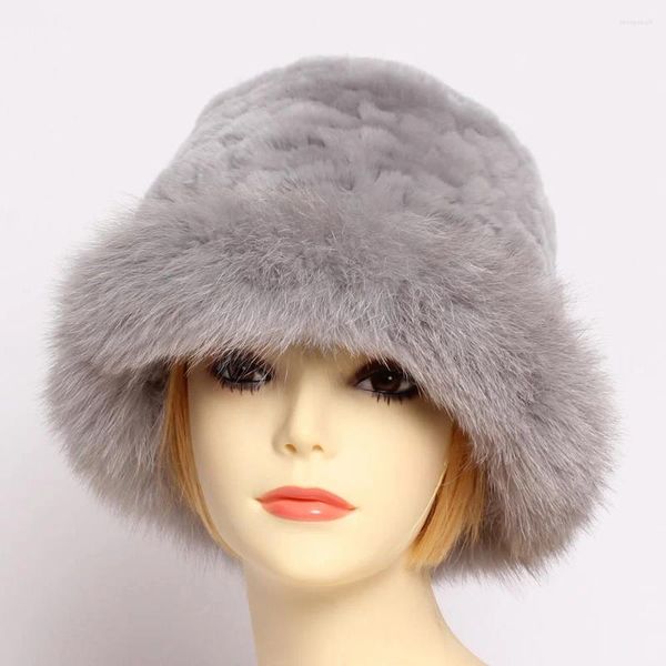 Boinas Invierno Mujeres Natural Rex Sombrero de piel Señora Cálido Punto Genuino Cap Russian Girl Moda