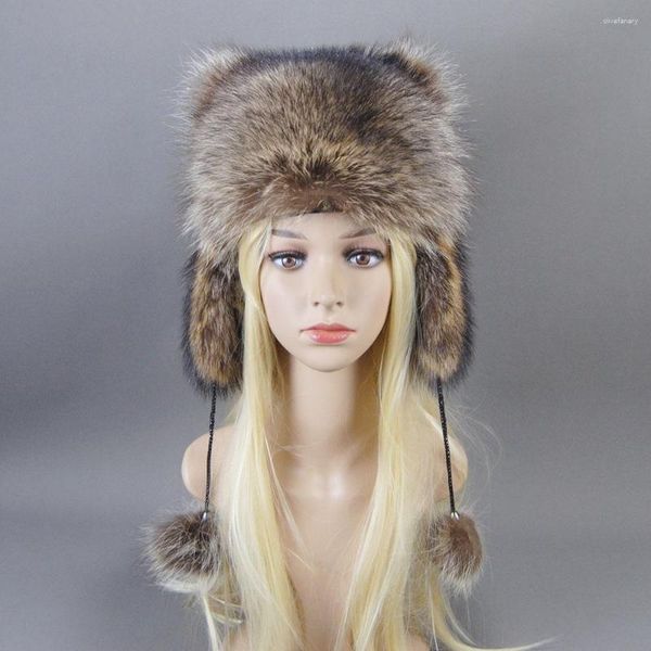 Boinas Invierno Mujeres Real Animal Mapache Sombrero de piel Multicolor Suave Alta calidad con orejeras Colas Ushanka Moda Ruso Gorros cálidos