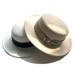 Bérets d'hiver en laine de Style français, chapeau plat, ceinture Hepburn, large bord, Fedora, chapeaux pour femmes