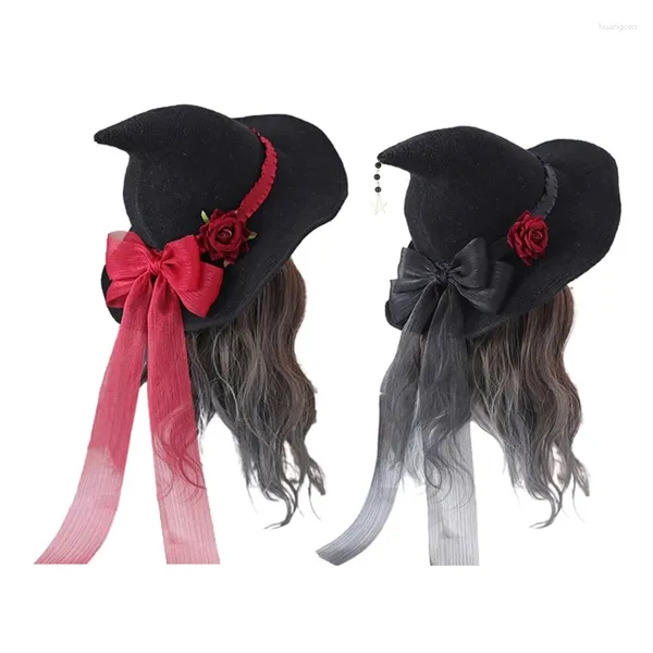 Boinas sombrero de bruja rosa lazo grande regalos de Halloween divertido vestido de lujo fiesta iluminar brillo ala ancha brujas para adorno de cabeza