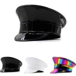 Berets Wmen Pu Leather Military Hat Men Men Rainbow Laser Patent PVC Captain Cap Prom Performance Bar Cosplay Show Cool Beret 230822