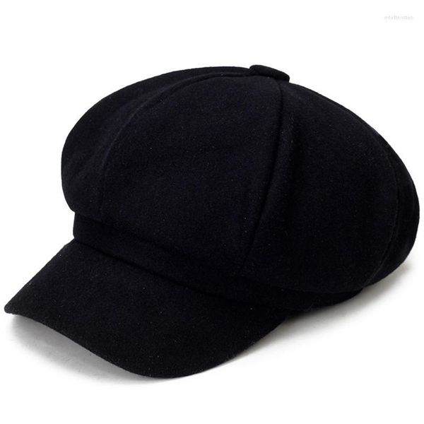 Boinas Sombrero de mujer Otoño Invierno Cálido Moda Octagonal Paño de lana Casual Boina Gorra Sólido Artista Pintor Sboy Sombreros Negro Gris