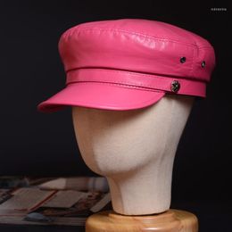 Boinas de cuero genuino para mujer, boina militar colorida, gorra de servicio Sboy Jazz/Marina/plana/gorras militares/gorras