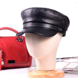 Bérets Femme Homme Cuir véritable Noir Béret Naval Chapeau Sboy Militry Armée/Marine Casquettes/Chapeaux