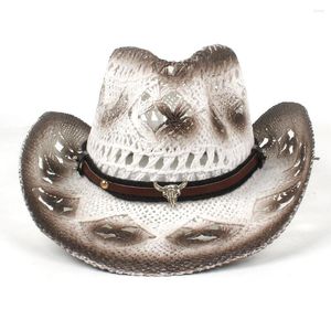 Berets Mulheres Homens Palha Western Cowboy Hat Handmade Weave Bull Head Belt Summer Beach Cowgirl Jazz Sombrero Cap