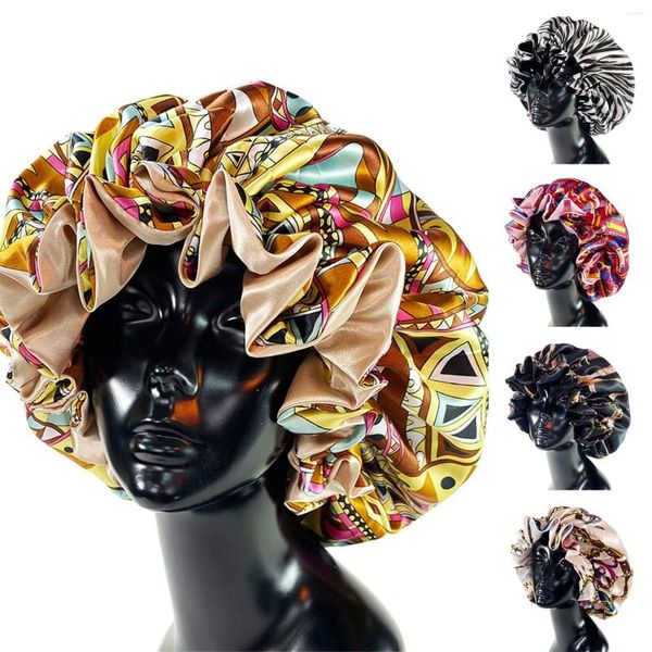 Bérets femmes africain imprimé Floral Satin nuit sommeil Bonnet chapeau soins des cheveux casquette tête enveloppement grande usure dames bandeau