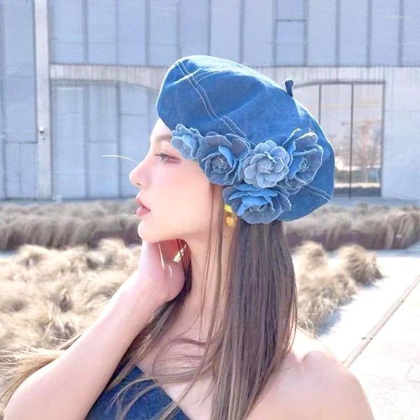 Berets Femmes Béret Chapeaux Fashion Sweet 3D Flowers Camellia Blue Denim Cap Ladies Girls Casual Head Wrap Bonnet Retro Painter Caps