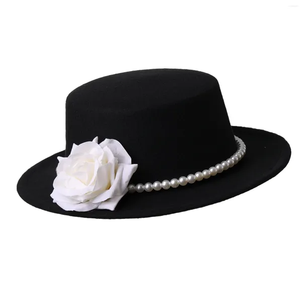 Bérets Femmes Chapeau Noir Vintage Style Victorien Perle Rose Voile Fedora Large Bord Soleil