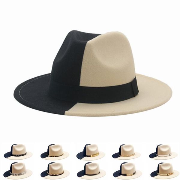 Bérets Femmes Noir Patchwork Large Bord Laine Feutre Fedora Chapeau Avec Boucle De Ceinture Unisexe Floppy Panama Cowboy Cap Trilby Tendance GamblBérets