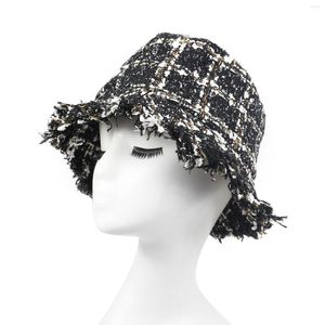 Berets vrouwen zwart rood oranje beige gecontroleerde pailletten emmer hoed winterhoeden rauw randen vissermeisjes plaid tweed