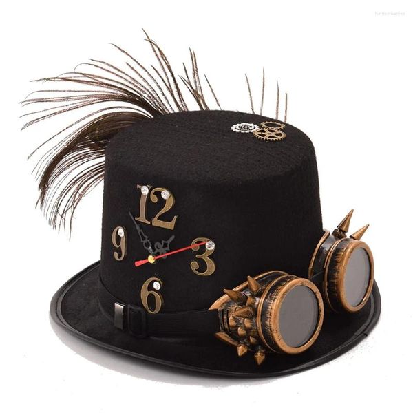 Boinas Mujeres Black Steam Punk Hats Unisex Man/Woman Goggles Feather Gear Gear Reloj Halloween Party Top Gat.