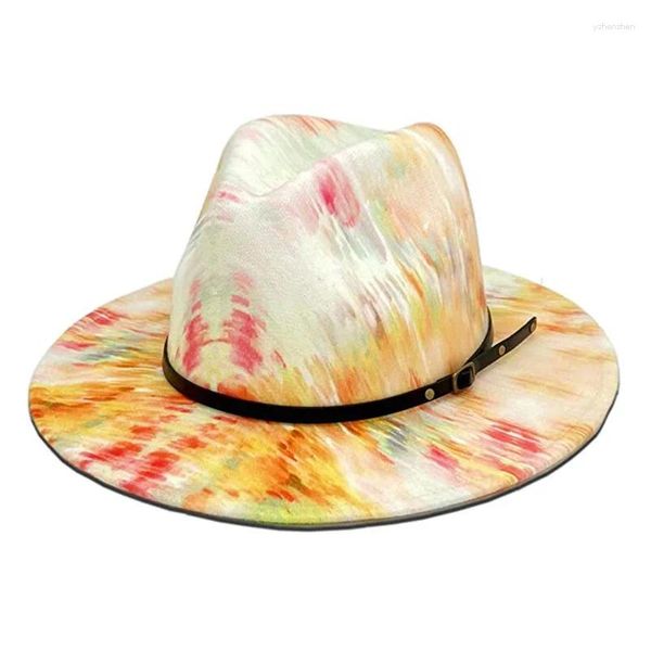 Bérets Femmes Classique Large Bord Panama Chapeau Tie Dye Dames Floppy Fedoras Hommes Style Spécial Avec Chaîne Noire 2023