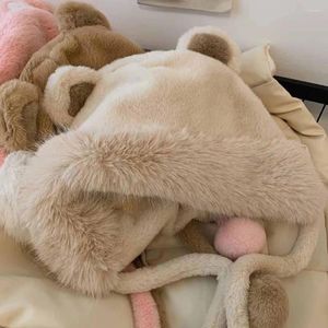 Bérets femmes chapeau par temps froid peluche douce floue femmes avec oreilles d'ours mignonnes coupe-vent chaud pour les filles d'automne