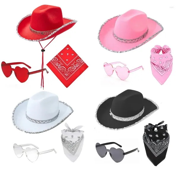 Boinas Mujeres Sombrero de vaquero Pañuelo de ala ancha occidental Gafas de sol de corazón Conjunto Cosplay Fiesta Disfraz Fedora-Sombrero Dropship