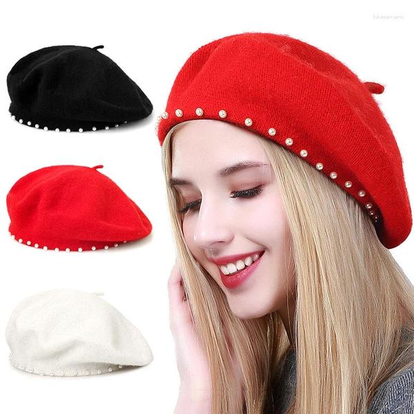 Bérets femmes élégant perle béret chapeau mode cachemire automne hiver rétro fille artiste français plat dame Vintage casquette