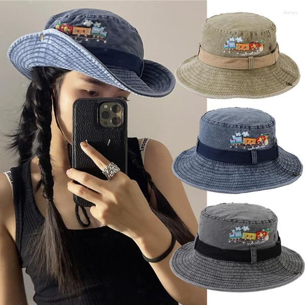 Bérets femmes broderie pêcheur chapeau pliable Y2K été Denim randonnée en plein air chapeaux de soleil avec Protection UV coupe-vent corde casquettes