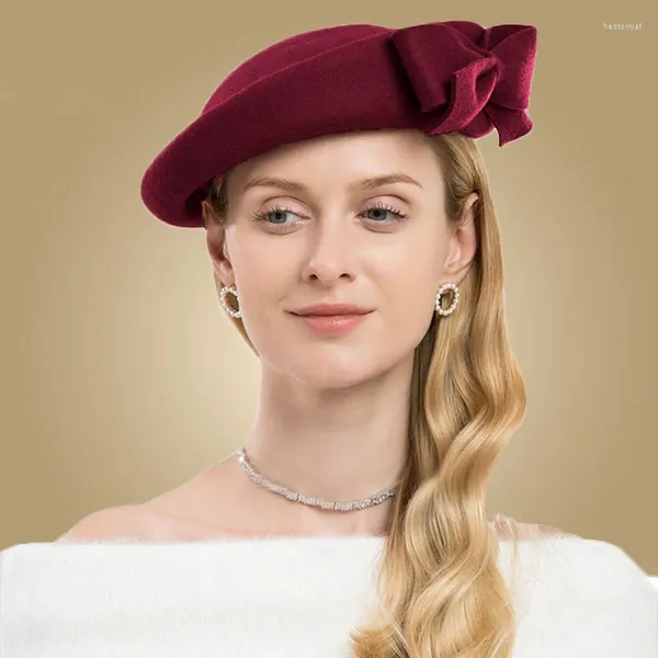 Berets FaMinateurs Fascinateurs Élégant hiver rose noir rouge dames laine en feutre Pillbox de mariage fille fille robe d'arc