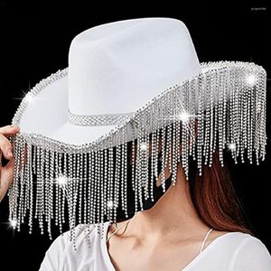 Berets Women Fashion Rhinestone pailletten Fringe Cowgirl Hat Brim Wide Verstelbaar Western Party Drawring Jazz Cap Top Cowboy E6M8