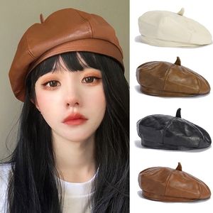 Berets Women Fashion Solid Beret Cap Pu Leather French Artist Warm Beanie Hat Autumn Winter Ladies Allmatch Hats 230821