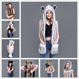 Bérets Femmes FAUR FURS HOOD Animal Chapeau oreille Gants 3in1 Wolf Plux de chapeaux d'imitation chaude avec Scarf2952