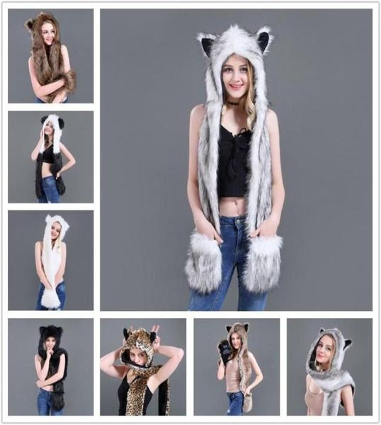 Bérets Femmes FAUX FURS HOOD HAT ANIMAL CHAPELLES GLANTS 3IN1 WOLF PLUSE CHAPEUR D'IMITATION CHAUDE AVEC avec SCARF2822717