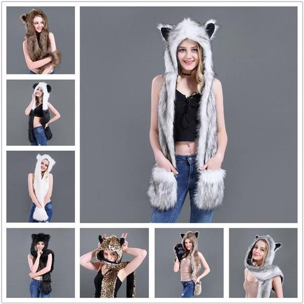 Bérets Femmes FAUR FURS HOOD Animal Chapeau oreille Gants 3in1 Wolf Plux de chapeaux d'imitation chaude avec Scarf2952