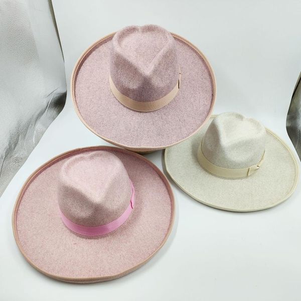 Boinas Mujeres SOMBRERO DE MUJER DE INVIERNO FEDORA 9.5 cm de ala ancha Love Top Mujeres Fieltro Panamá Lana Arco Cinta