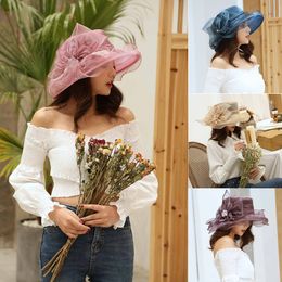 Baretten Vrouwen Bloem Brede Rand Hoed Vrouwen Brede Rand Hoed Bloem Bruiloft Thee Party Dames Kerk Cap Luxe Vrouw hoed 230718