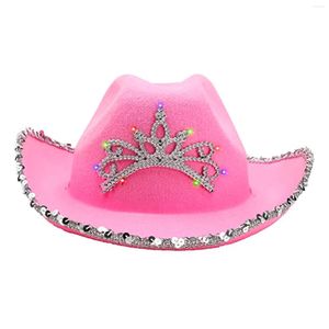 Berets Women Girl Holiday Cosplay Party Filt Festival Costume Crown Inlaid Stage Performance Western Style with Light Solid Cowgirl Hat