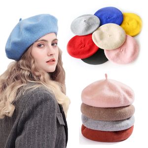 Bérets femmes filles béret français plaine laine casquettes chaud hiver Beanie chapeau Vintage couleur unie élégant dames chapeaux 230821