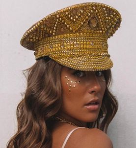 Berets vrouwen goud pailletten brandende bruid militaire hoed luxe bruidskapitein sergeant Rhinestone Festival verjaardagsdeel hatberets2966418