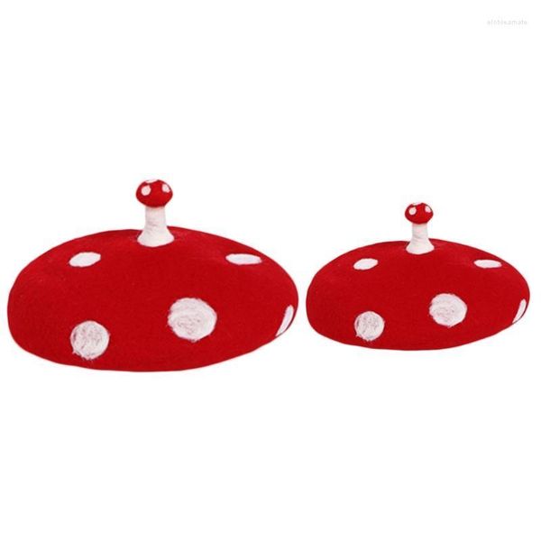 Berets Women Kids Novelty mignon petit champignon béret rouge capuchon fait à la main Faux feutre laine blanche point vintage peintre beanie hatberets elob22