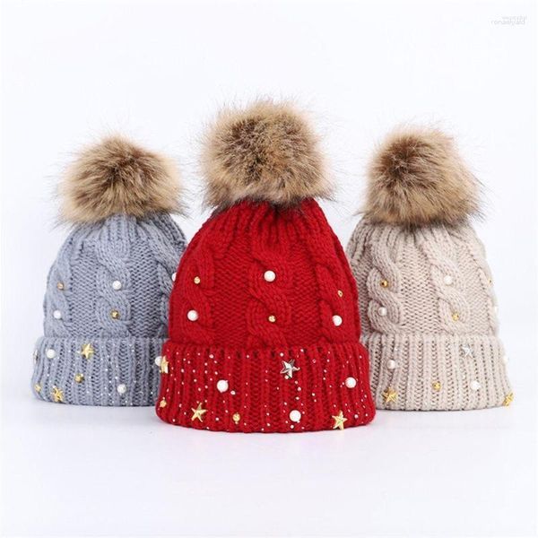 Bérets Femmes Dames Ski Chapeau Crochet Coupe-Vent Bonnets Casquettes Pompons Bonnet D'hiver Tricoté