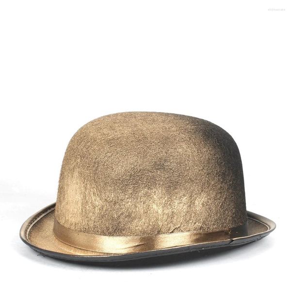 Berets Femmes Men Gold Steampunk Bowler Hat Topper Top Hats Fedora Cosplay Magicien Billycock Groom 58cm