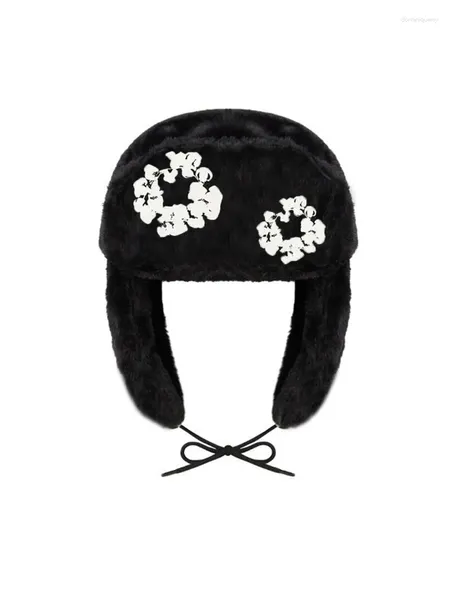 Bérets femmes hommes Kapok marée impression Y2K noir broderie hiver casquette trappeur Ski chapeaux casquettes réel elle Ushanka chapeau