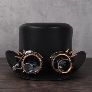 Berets dames mannen lederen tophoed punk glazen fedoras goochelaar steampunk cosplay party caps dropshiphiping 3Size 13 cm