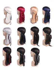 Baretten Vrouwen Mannen Satijn Zijdeachtige Hoofd Wrap Durag 2023 Mode Hoofddeksels Cap Lange Mutsen Ademend Tulband Hoed Handband Haar-accessoires