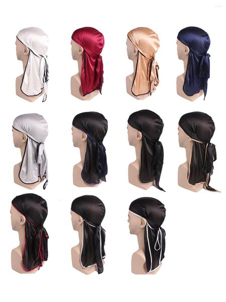 Boinas mujeres hombres satén sedoso envoltura para la cabeza Durag 2023 gorro de moda gorra gorros largos turbante transpirable sombrero diadema accesorios para el cabello