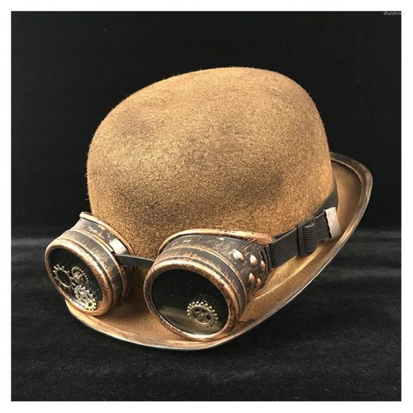 Bérets femmes hommes Steampunk chapeau melon à la main Steampnk Gear lunettes Cosplay or Billycock marié chapeaux