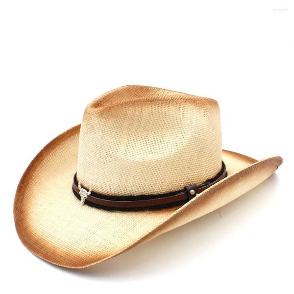 Boinas Mujeres Hombres Sombrero de vaquero de paja con banda de cabeza de toro para Lady Dad Western Sombrero Hombre Cowgirl Jazz Caps Tamaño 58CM