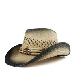 Berets Frauen Männer Stroh Hohl Western Cowboy Hut Dame Roll Up Krempe Sombrero Hombre Strand Cowgirl Jazz Sonne Größe 56-58CMBerets Pros22