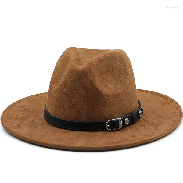 Bérets femmes hommes daim Fedora chapeau avec ruban en cuir Gentleman élégant dame hiver automne large bord Jazz Panama Sombrero casquette