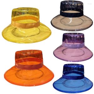 Boinas Mujeres Hombres Verano PVC Transparente Cubo Sombrero Brillante Jalea Color Sólido Ala Ancha Transpirable Impermeable Pescador Lluvia